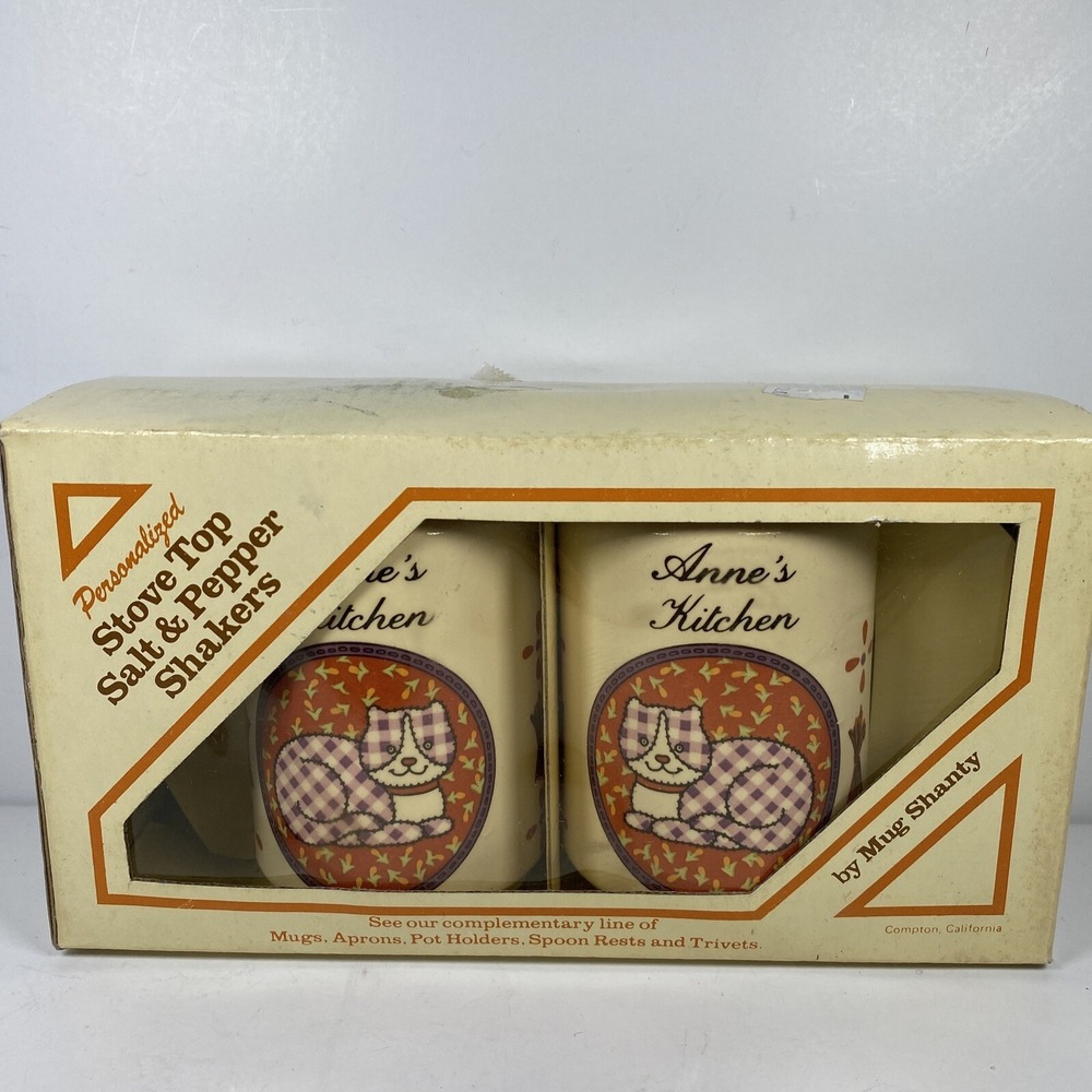 Vintage NOS Mug Shanty Personlized Stove Top Salt & Pepper Shakers Cat‎ Anne's